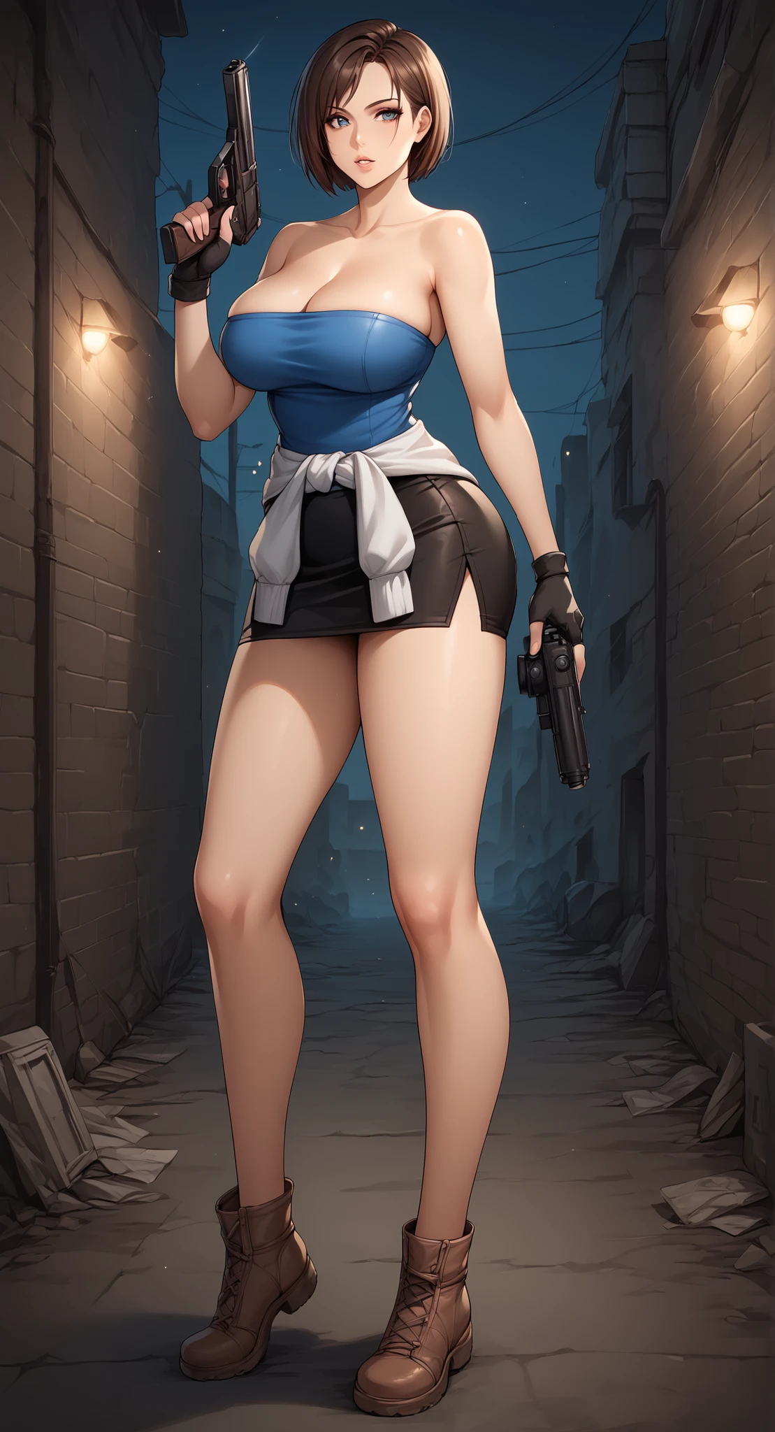 score_9, score_8_up, score_7_up, score_6_up, source_anime, full body, very short skirt, tiny skirt, side pose, half diagonal body pose to camera, camera viewing body diagonally , body turned to the side towards the viewer r, standing, side pose, side pose to camera, legs half open, mini skirt, very short skirt, thick legs, big breasts , BREAK masterpiece, . JillRE3, brown hair, bob cut, short hair, bare shoulders, pencil skirt, clothes around waist, fingerless gloves, tube top, breasts, best quality, city, night, ruins, parted lips, looking at viewer, holding gun, gun, fire, dilapidated, parted lips, alleyway, trigger discipline, cowboy shot,