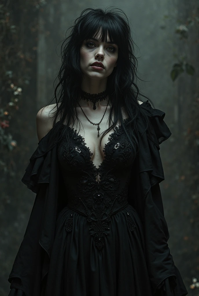 woman dressed in black, curly hair, black lipstick, cemetery background.