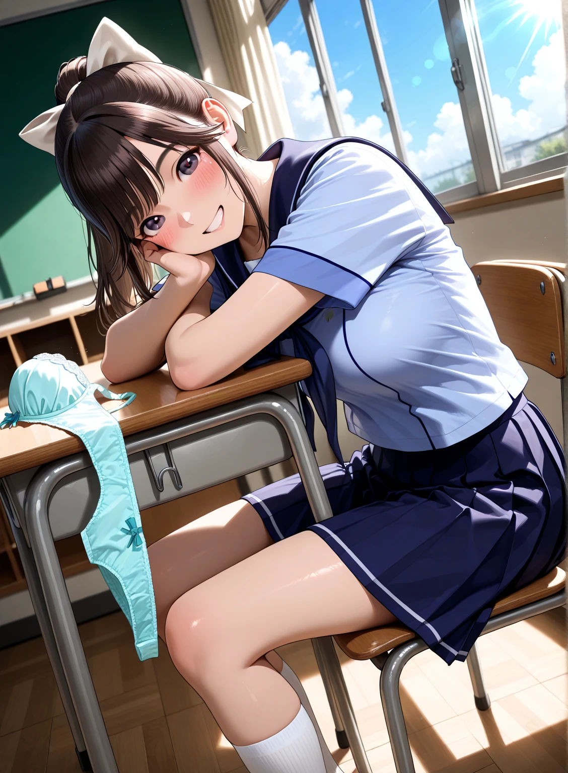 A Female mature robot loves herself. she wears nothing. Her Brown very short pigtails is tied with two big red clothespins, mature, android, blue eyes, full body, Height: 160cm, flushed cheeks, sweat bucket. full body shot, looking straight. Her smile is complete.show White pantie, Looking at the audience, 着ぐるみ