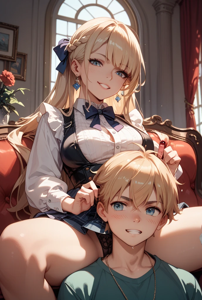 (Mother and little son:1.4), nsfw, Soft and dreamy light, Pale white light, Transparent, 1 female, ((Blonde:1.3), Pixie Cut, Fishtail, Her hair is tied with a red ribbon), Face in perfect detail, Perfectly detailed by hand, (Green Eyes), Parted bangs, (Large Breasts, cleavage:1.2), Charm,Beauty, Long eyelashes, masterpiece, Absurd, Highest quality ,Intricate details , (Shiny skin, Shiny body, Shiny Hair), Adult , Earrings, lift skirt, show off pussy, embarrassed, tomboy, blush, looking at view, troubled eyebrow, , (1boy, little boy, 8 years old, Black-haired boy:1.3), (Woman is wearing white shirt, pencil skirt:1.2), clothes lift, looking down, looking away, open mouth, (pussy juice:1.2), spoken heart, breast sucking, breast sucking, (a woman and a little-boy having sex:1.2), missionary position, wet sweat, dripping, classroom, desk, show off pussy