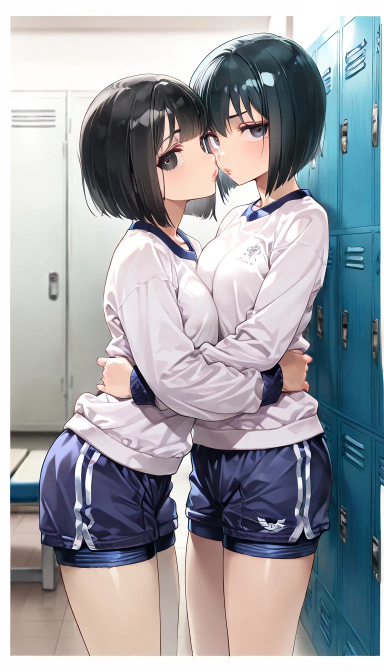 hug each other２people,Follow-up force,have your neck licked,sweaty,beautiful girl,saw 2, blue eyes, black hair, Low twintails and short cut, medium breasts, frown,blush,Black tight suit, streak,