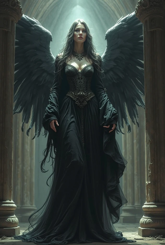 gothic artwork, Victorian era, highly detailed portrait painting of a (corrupted Angel woman), perfect face, dark background, ripped tunic, exposed breasts, dramatic pose, religious symbolism, gritty, oil on wood panel, (by Brom:1.1)