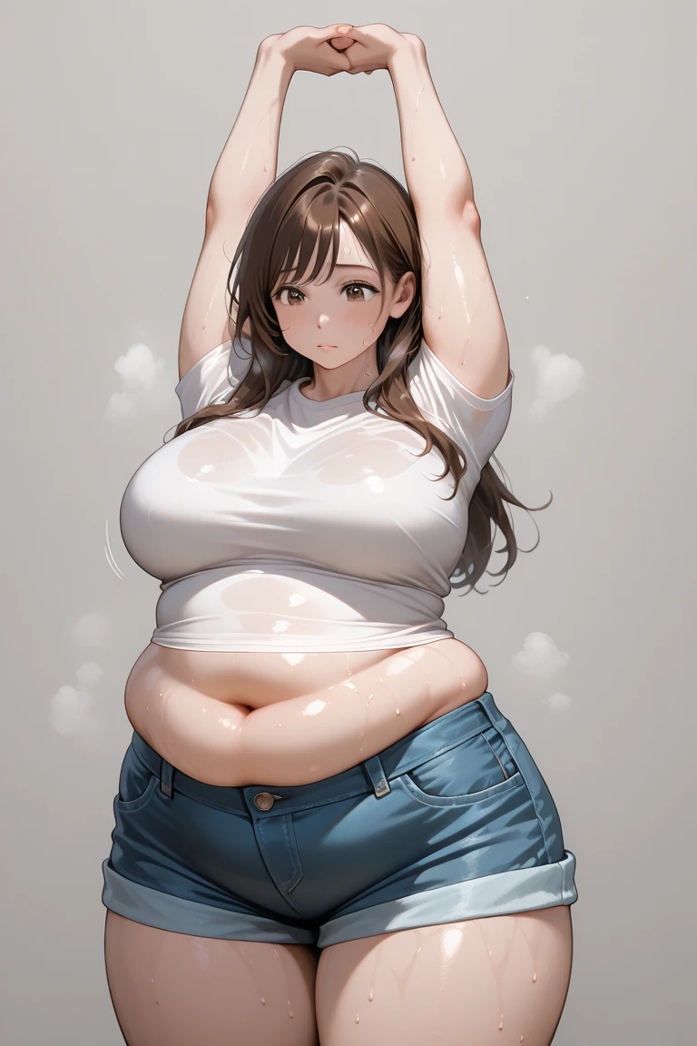best quality, high rating, 8k, high resolution, beautiful face, gorgeous, masterpiece, ((flawless)), (((high rating))), (highly detailed face), masterpiece, full resolution, highly detailed skin texture, 8k, high resolution, beautiful face, 1woman, stuffed belly, chubby, fat knight, c.cu(artist), blushyspicy(artist), wide eyes, embarrassed, surprised, shocked, large_breasts, wide_hips, big_butt, deep navel, burping, long hair, dark tanned skin, (huge chubby belly), soft belly, smooth belly, overweight, belly_grab, sitting, hyper boobs, tight clothes, jeans, white top