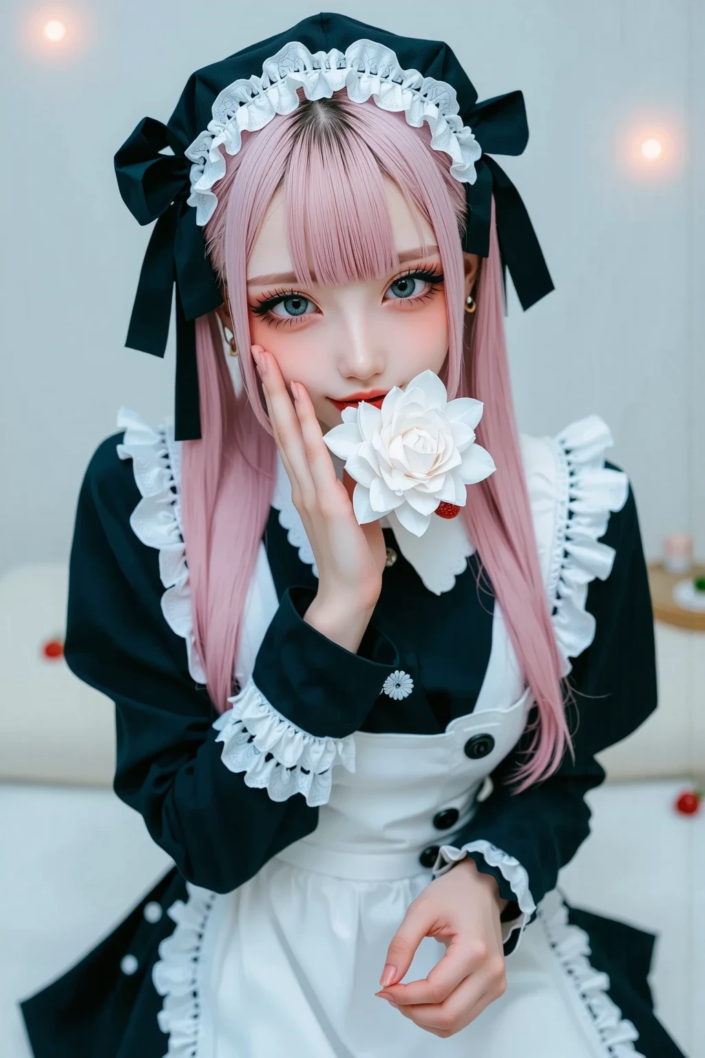 score_9, score_8_up, score_7_up, best quality, masterpiece, realistic, irl,raw photo,
<lora:metan_pony_v1:0.6> 1girl, solo, blue eyes, smile, white background, long sleeves, pink hair, dress, looking at viewer, heart, simple background, drill hair, maid headdress, white dress, hair ornament, long hair, blush, blush stickers, twintails, closed mouth, twin drills, frills, parted bangs