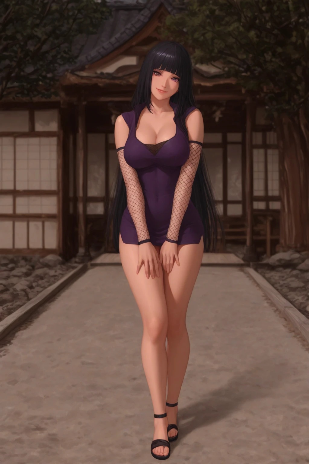 Masterpiece, Ultra-detailed, Hinata Hyuga, Sexy Pose, Detailed Facial Expressions Showing a Confident Smirk and Seductive Eyes, Long, Sleek Hair Casually Tossed Over One Shoulder, Revealing Outfit with a Low-Cut Top and Mini Thong, Alluring Charm Radiating Through Every Line, Sultry Atmosphere Created by Soft Lighting and Vibrant Colors, High-Resolution Artwork Bringing Every Detail to Life in Anime Style.