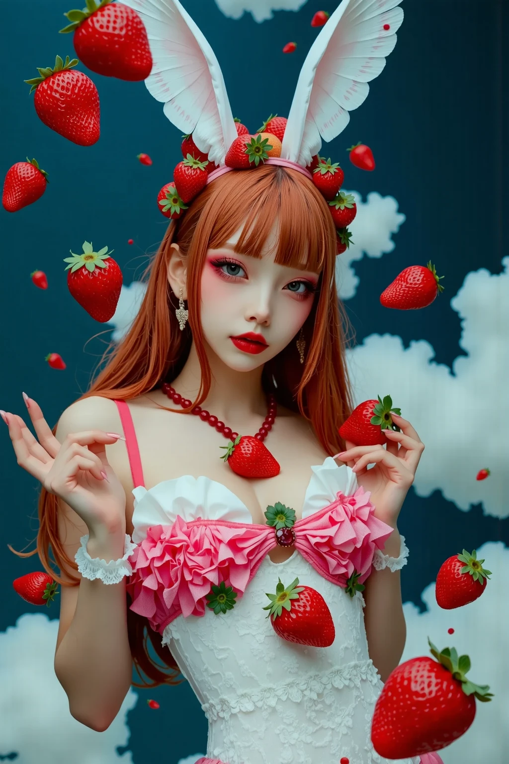 pink gold tiara、a baby face、hime、a beauty girl、Colossal tits、あにめColossal tits、卑猥なColossal tits、A detailed装飾、(((Huge strawberry on anime nipples、strawberry shaped nipples)))、Glowing skin、Swaying udder、embarassed face、masutepiece、A detailed、white tights from crotch、white tights from crotch、embellished ruffled corset、Decorated large strawberry pasties:1.9、Decorated strawberry pattern bra:1.9、pink decorated pondage