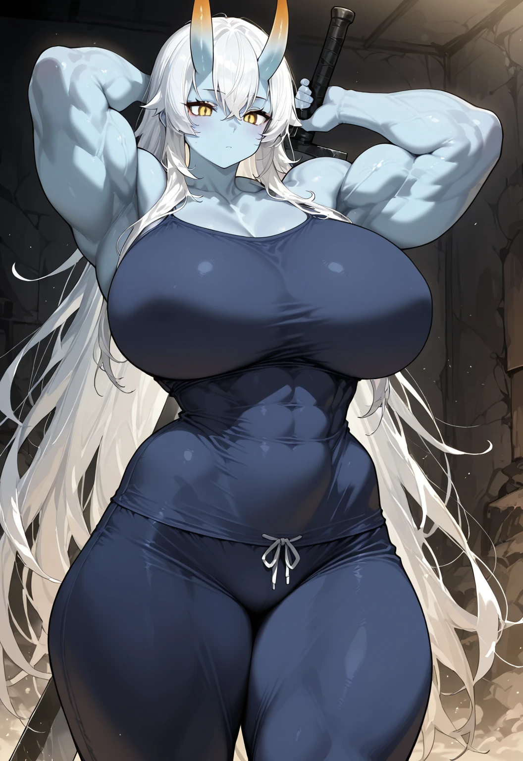 (((masterpiece、Highest image quality、highest quality、highly detailed unity 8kwallpaper)))、((Illustration of one girl))、(((beautiful girl)))、blue hair、stocky build, thickset physique:1.3, muscular legs, broad shoulders, solid chest、(((big breasts)))、white clothes