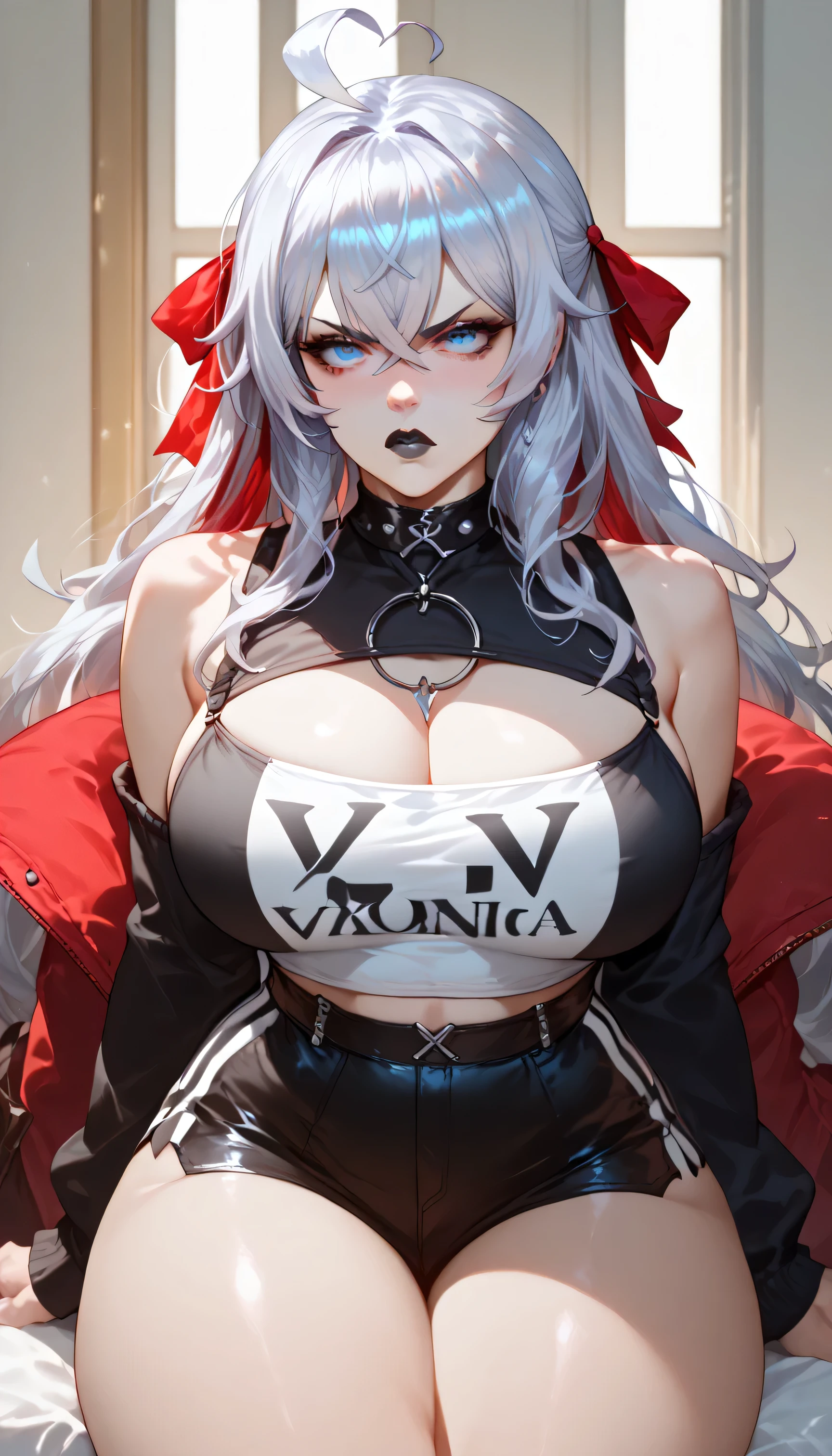 girl, (alisa mikhailovna kujou (roshidere), long hair, (silver hair:1.3), ahoge, crossed bangs, red hair ribbon, sidelocks, blue eyes), black lips, blushed face, petite body, large breasts, big thighs , emo clothing