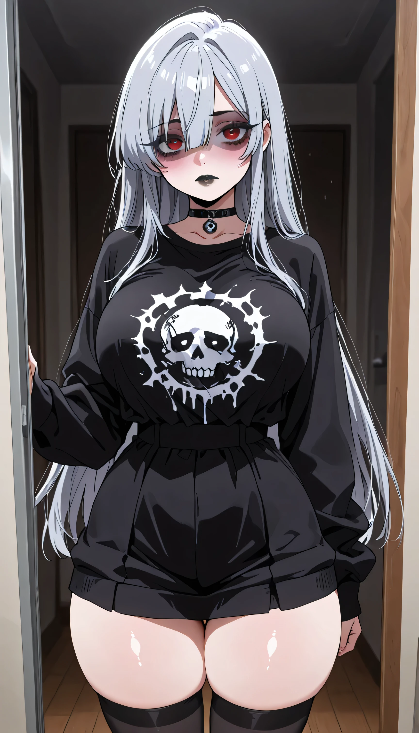 girl, nano eiai, long hair, bangs, hair between eyes, red eyes, grey hair, large breasts, black lips, blushed face, petite body, large breasts, big thighs , emo clothing