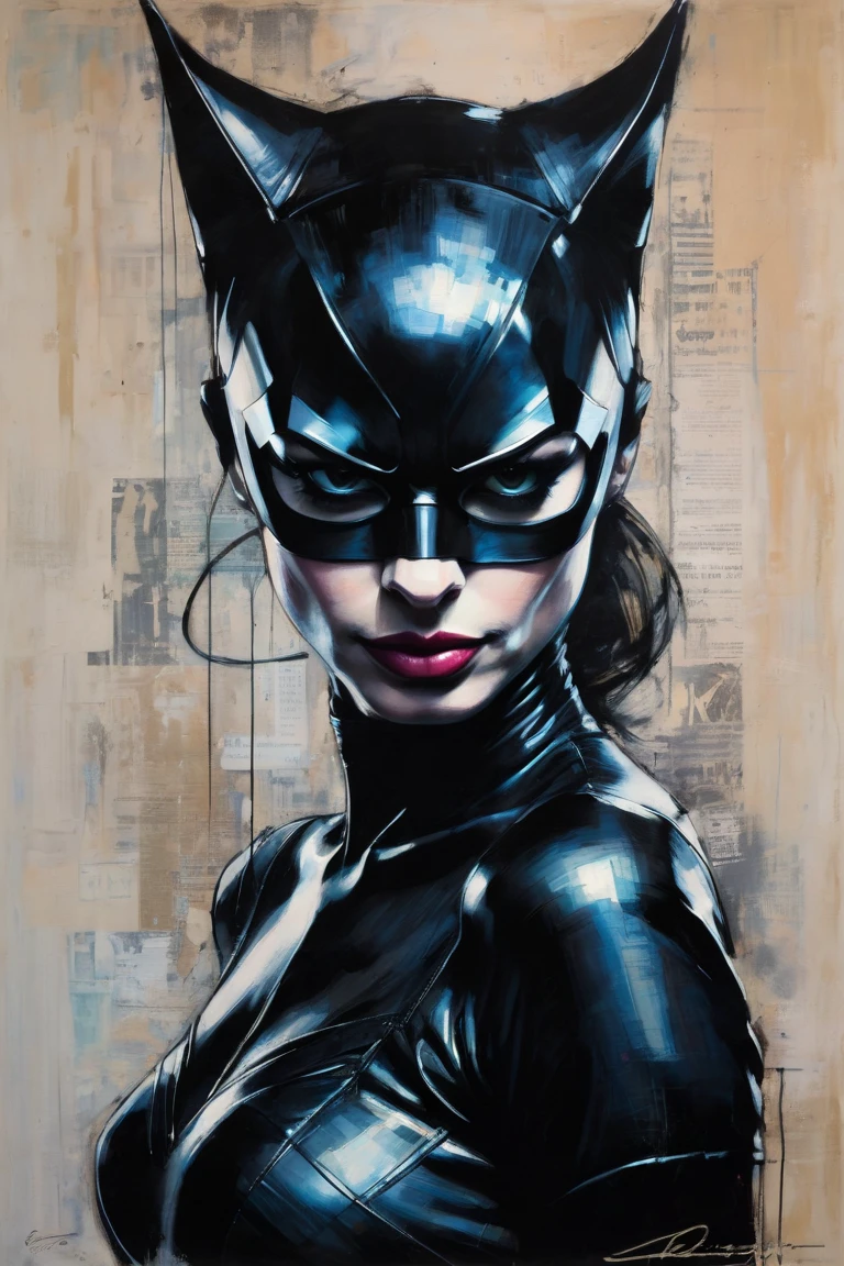 masterpiece, best quality, highres, highest quality, absurdres, catwoman, traditional media, (painting \(medium\)), sharp expressive green eyes, perfect face, wide hips, bodysuit, thick lineart, atmospheric lighting, smooth, beautifully detailed city background, cinematic composition, Joe Madureira