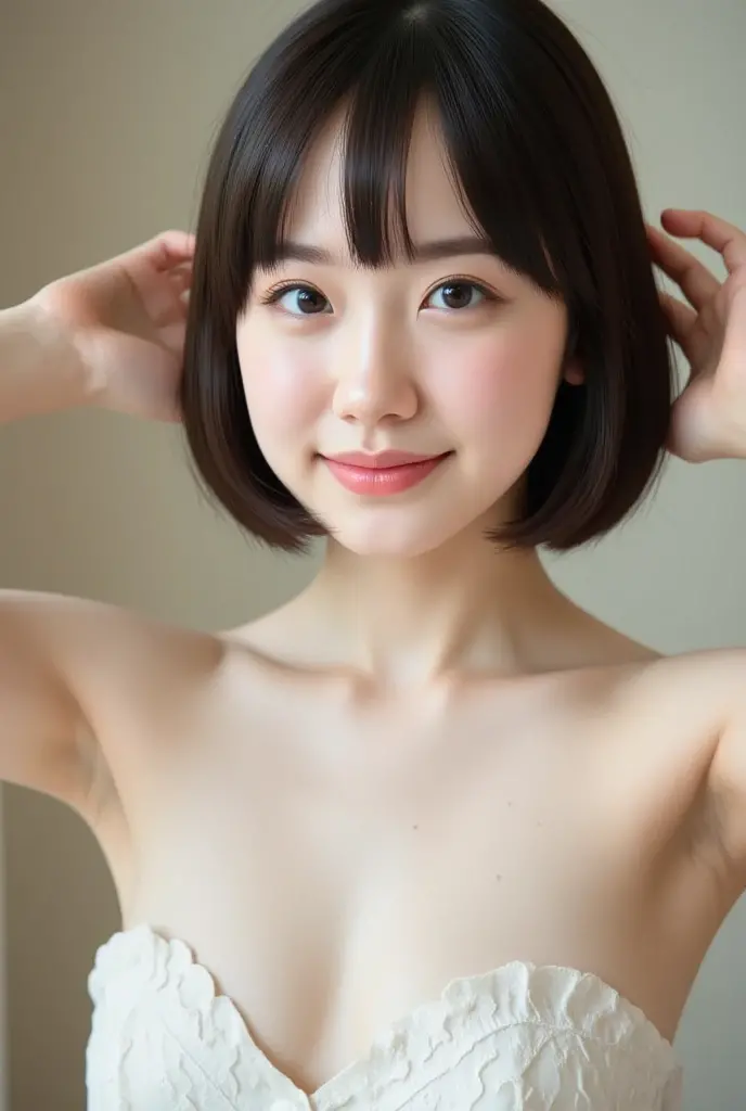 nakedの女の子が立っている, belly button, (High resolution:1.3), (16K, Realistic, RAW Photos, Best image quality: 1.4), Japanese, (One Girl), (Realistic Skin), Beautiful skins, charm, 超High resolution, Highly detailed cute girl, White Background, smile, (Flat Chest:1.5), 18-year-old, Nipples, Black Hair, short hair, naked