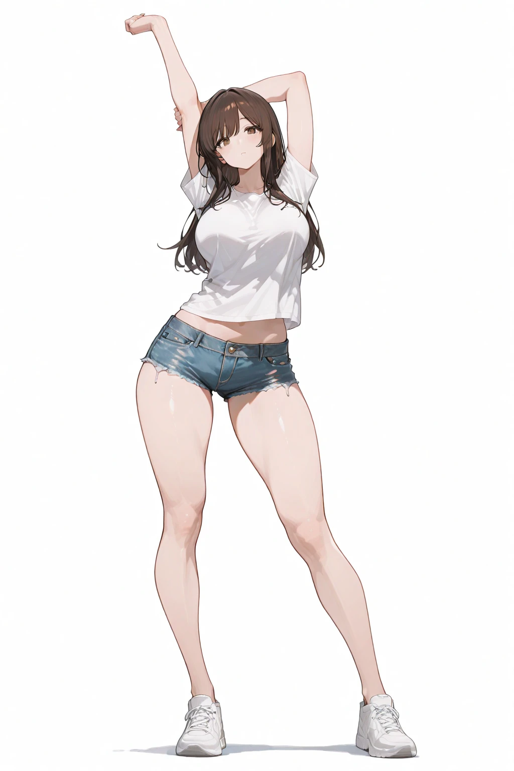 1girl, ponytail, frown,
loose crop top, covered (nipples:0.3), midriff,
lowleg micro shorts, (open fly:1.1), groin, (cleft of venus:1.4), female pubic hair, excessive pubic hair, (uncensored:0.9) pussy, no panties,
thighhighs, zettai ryouiki,
(nsfw:0.8), multiple views, from below, from behind, dimples of venus,
 <lora:ExtremeMicroShorts:1>