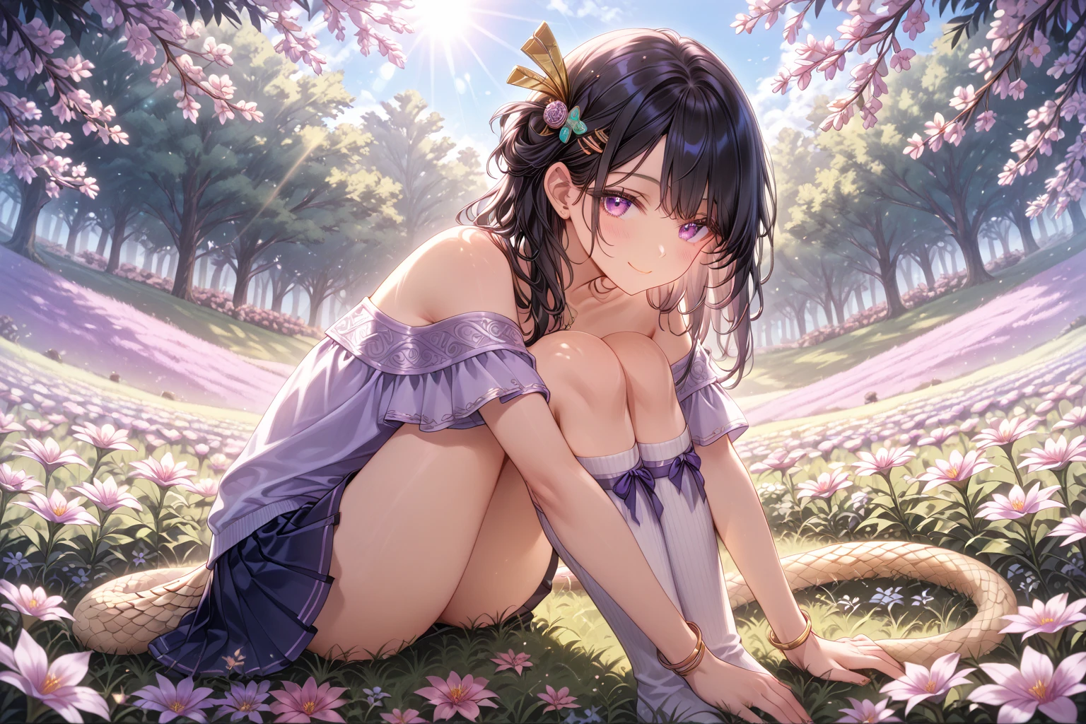 Ultra-high resolution, (Realistic: 1.4), RAW Photos, highest quality, Soft Light, ((21 years old)), ((Japanese)), masterpiece, (Realistic), silky hair, Small breasts, lying on your side, exposing breasts and nipples, no blanket, exposed legs, sexy, subtle smile, detailed face, grassy field with flowers, sunlight on skin, full-body camera, bright and beautiful eyes, slim legs