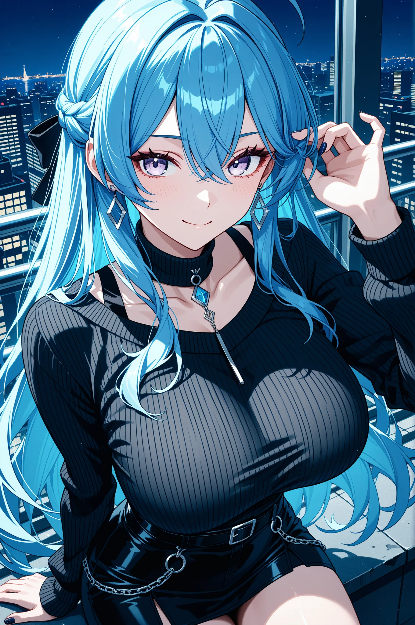 A girl, blue hair, yellow eyes, long hair, forehead, punk-girl (grs-), gun to head, {heart shaped pupils},From below, above the thighs,A girl, blue hair, yellow eyes, long hair, forehead, off-shoulder jacket