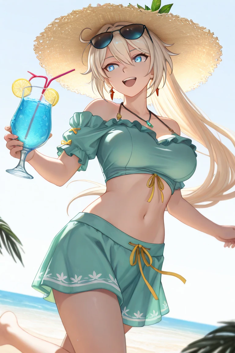 LWA masterpiece, best quality, 1anime coloring, 1girl, solo, sexy, 36-years-old, tan olive skin, short blonde hair, pony tail style, emerald eyes, eyeshadow, mascara, red lipstick, ((Wearing a flossing green bikini and sunglasses)), she's looking at the camera with a thrilled smile, ((holding a beer can in one hand)), outdoors, beach, blue sky,cloud, parody, day,