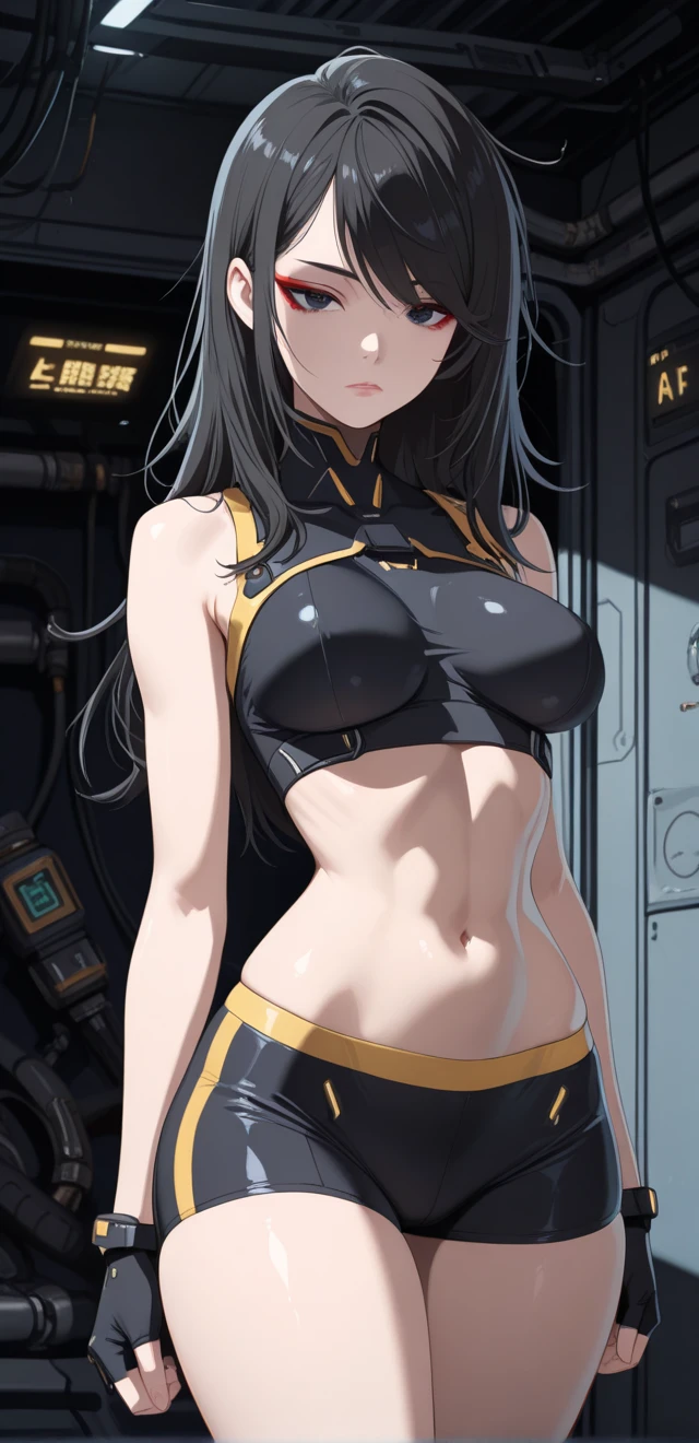 Masterpiece, best quality, Masterpiece, best quality, 1 woman , Karin , black skin , yellow eyes , long black hair , sly face , black bikini , abdomen, big breasts , Long legs , hands on hips , Barefoot abandoned factory