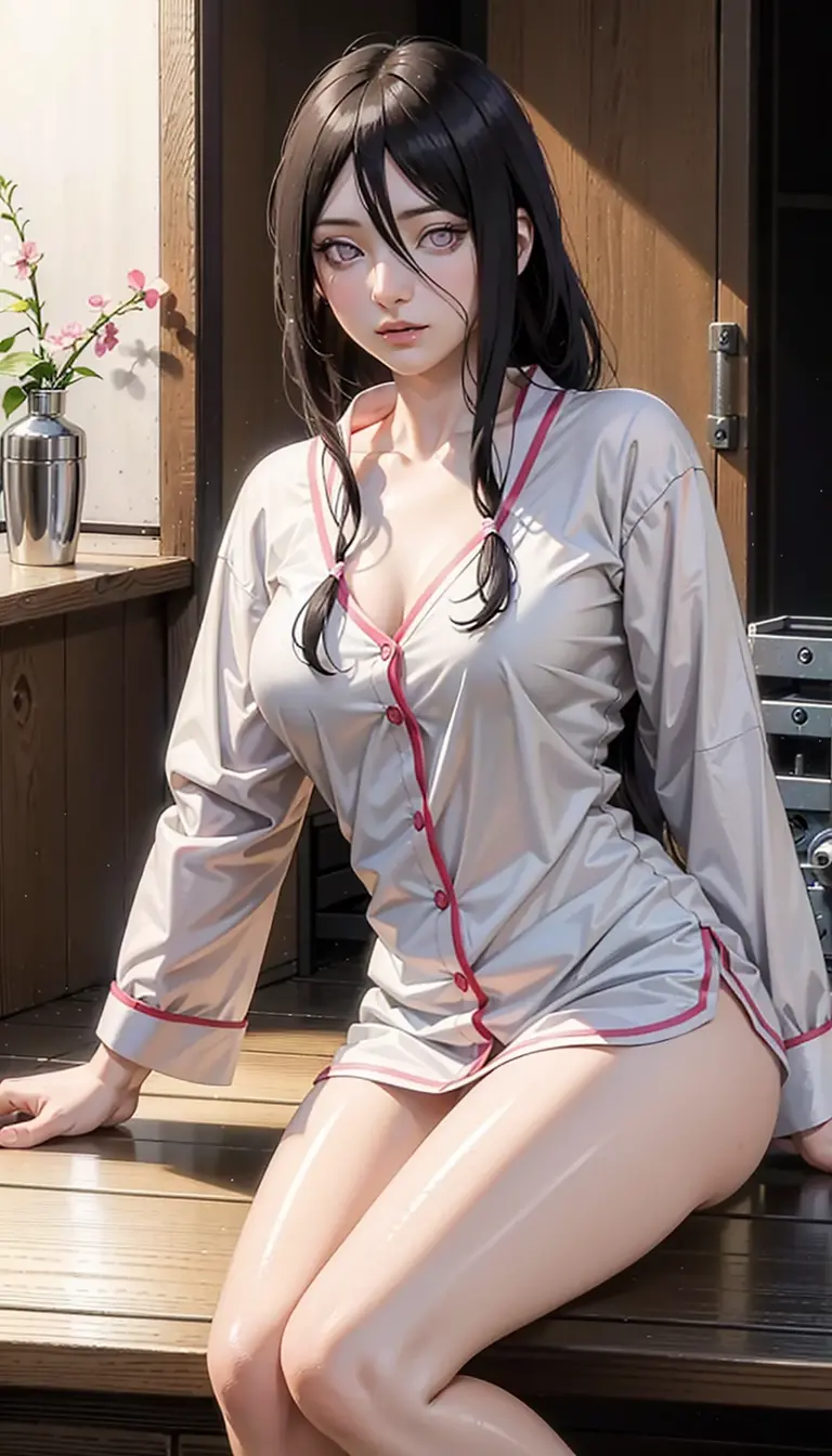 hyuuga hanabi, long hair tied low, hair band, hana purple eyes, beautiful, beautiful woman, perfect body, perfect breasts, wearing white pajamas, sexy pajamas, sleepwear, sitting in the kitchen, clear kitchen, looking at the audience, a slight smile, realism, masterpiece , textured leather, super detail, high detail, high quality, best quality, 1080p, 16k