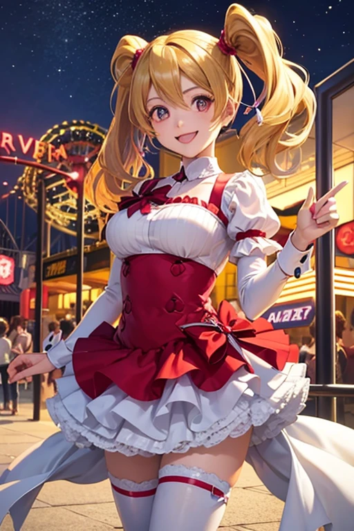 ((top quality, 8k, masterpiece: 1.3)), 1 woman, full body, smiling beautiful girl with many balloons floating in the air, (blonde, twin tails) (big: 1.3, cleavage), cut abs, revealing, colorful clown outfit, ultra detailed face, (detailed eyes, double eyelids, color contacts, eye catch, catch light, long eyelashes), Summarex 85 mm, f / 1.4, ISO 100, Ueno Park,