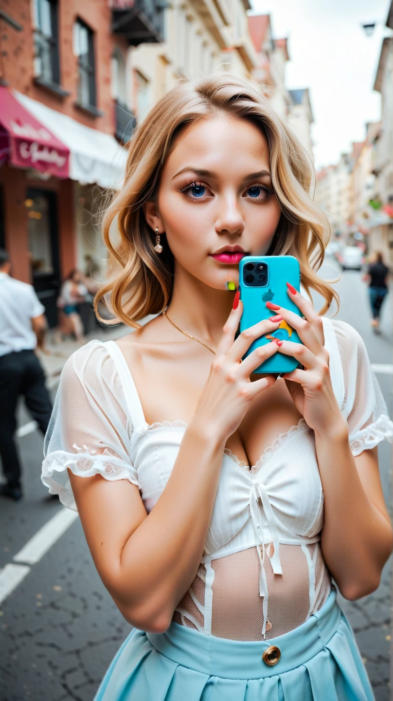 smiling blonde pin-up girl reaches forward and shows phone screen close-up, full length in red dress with large polka dots, wavy short pin-up hairstyle with red bandana, dynamic pose curved waist, professional shot, super realism, white background