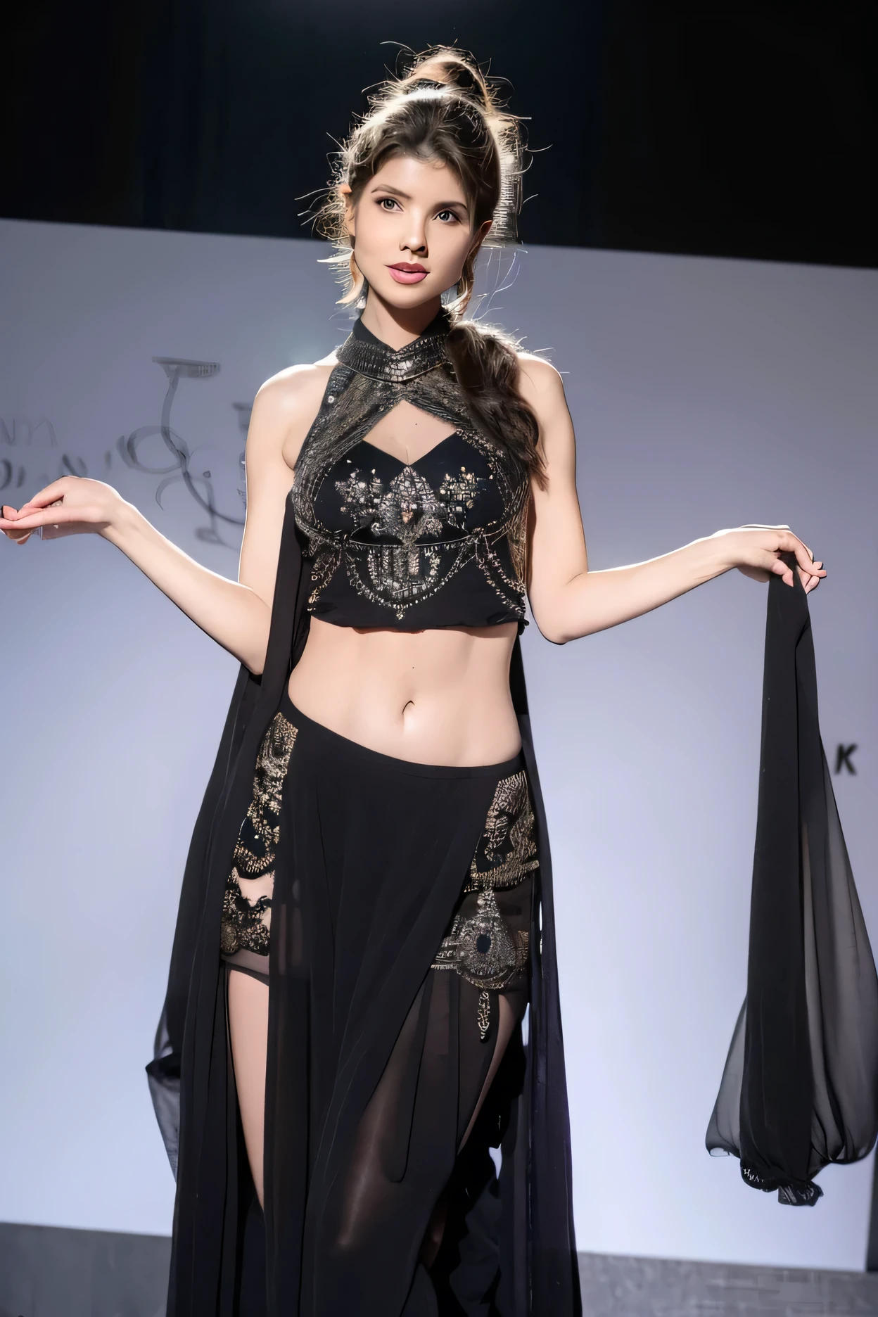 amanda cerny in a black sari posing for a picture, indian super model, with a thin waist, beautiful model, gorgeous figure, candid shot, inspired by Bikash Bhattacharjee, candid!! dark background, full length shot, draped in flowing fabric, fashion show photo, very pretty model, with a black dark background, pretty face!!, very seductive pose