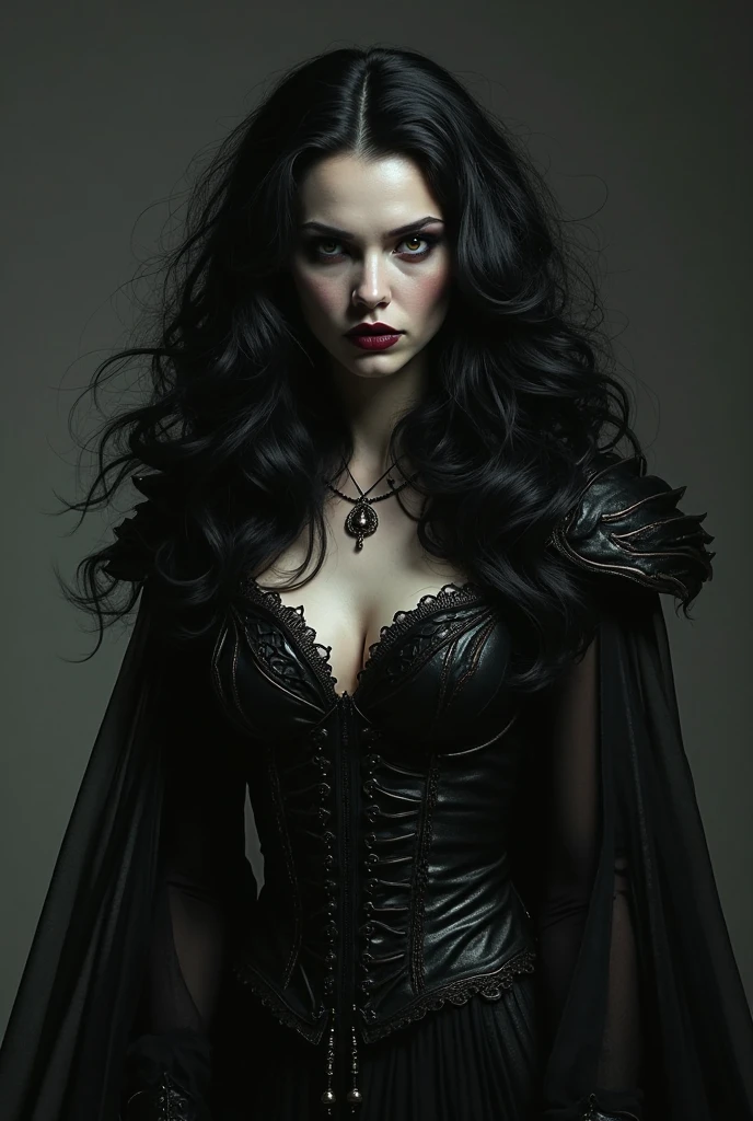 Image of a beautiful woman, straight black hair, deep green eyes with black shadow around them, black lipstick on the mouth, wearing a gothic outfit, with arms raised to the sky, staring overhead, above her a bat with open wings, eerie ambiance, fog in the background, image recorded from bottom to top