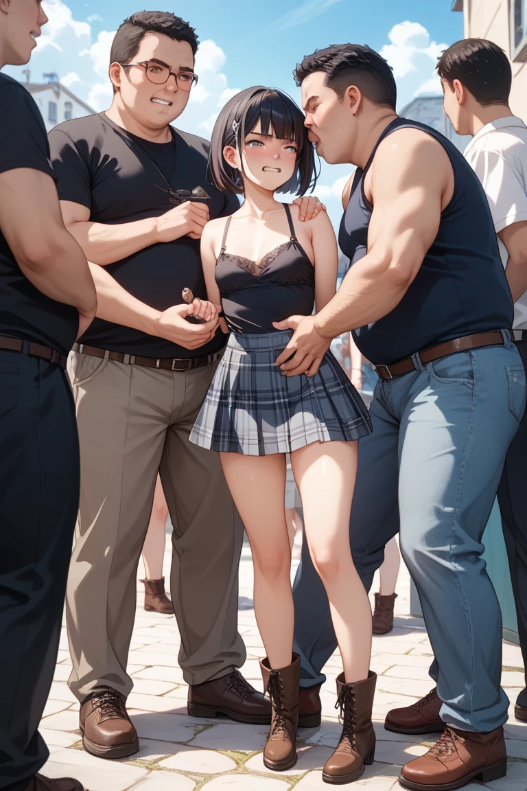 (1man:1.8),group,1girl, (crawl on all fours:1.3),short ponytails,beautiful girl,17 years old,,highschool student,akb48,nogizaka46,small breasts,skinny, brown hair,standing,(The woman is completely naked:1.7),fullnude,pussy,cry,tears,(collar:1.2),(restrained:1.2),(shackles:1.4),bdsm,public indecency,road in residential area,road,,Buildings outside,collar, (leash:1.4),(fullbody:1.3),A man takes a naked woman for a walk,The man holds a leash in his hand that connects to the woman's collar,man is 30 years old, man is dog trainer,A man is training a woman,from side,penis,vaginal penis,doggystyle,penis in pussy,back,fellatio,
