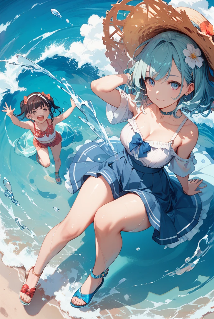 anime、Vibrant colors、In the water、Uplifting、Two beautiful women swimming in the ocean at 100km per hour、Two people facing each other、20 years old、Bright swimsuit、Bright eyes、Sparkling eyes、Large Breasts、An innocent smile、100 vibrant tropical fish、1000 glittering particles、100 butterflies swimming in the water