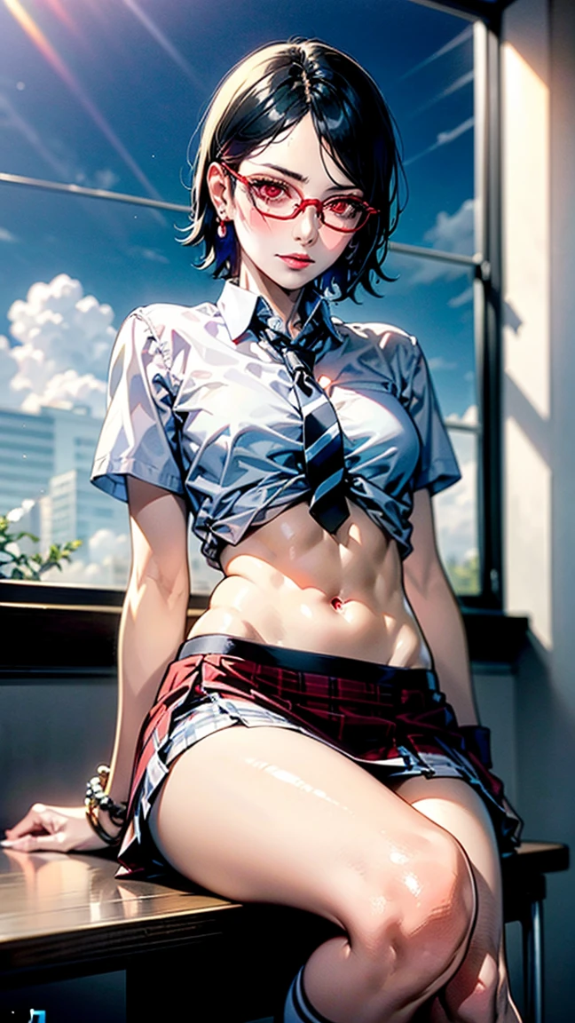 8K,Highest Quality,BREAK,1 female,leaning back,BREAK,glasses,black short hair,BREAK,short sleeved white sailor suit,underboob,BREAK,very short pleated mini skirt,lowrise,BREAK,(black thighhigh stocking),highheel short boots,BREAK,large breasts,beautiful abs:1.3,muscular legs,very slim body