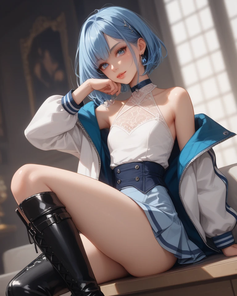(masterpiece、Highest quality:1.4)、 (8K resolution、Ultra-high resolution:1.2)、 (Realistic:1.4)、Detailed depiction face、Eye for detailed depiction、Detailed skin、Detailed hair、Glowing Skin、 Human skin type、Japanese Idol、Very beautiful woman、Detail and beauty that cannot be captured in reality:1.3、 Elegant and perfect figure、 1 Girl、16 years old、 Lip gloss、Add highlights to the eyes:1.5、 Dynamic Angle、(Beautiful Bangs、Highly detailed hair:1.5)、Glowing Skin:1.4、 Please look closely at the camera、Strong lighting on the face、 Very cute smile、Very happy smile、Beautiful teeth、eyelash、（Short Bob Cut、Very saturated light blue hair, Blue Eyes:1.3)、（Very big boobs:1.5)、(White bud headband、pink thin ribbon in hair、White knee socks、Black loafer shoes、Black and white miniskirt gothic maid outfit、Perfect ???????:1.3)、(White wall background、Standing、Chest close-up、Dynamic Pose、Dynamic Angle、Hands Behind Back、slouch:2)