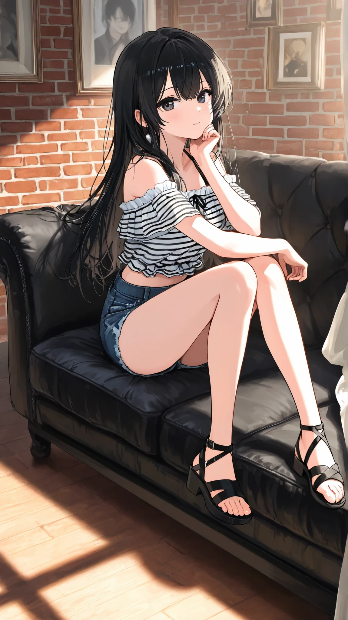 1girl, long black hair plain white shirt, denim shorts, slim and curvy figure , fair skin tone , glasses , pretty face , sitting on a throne with legs crossed , staring at the screen
