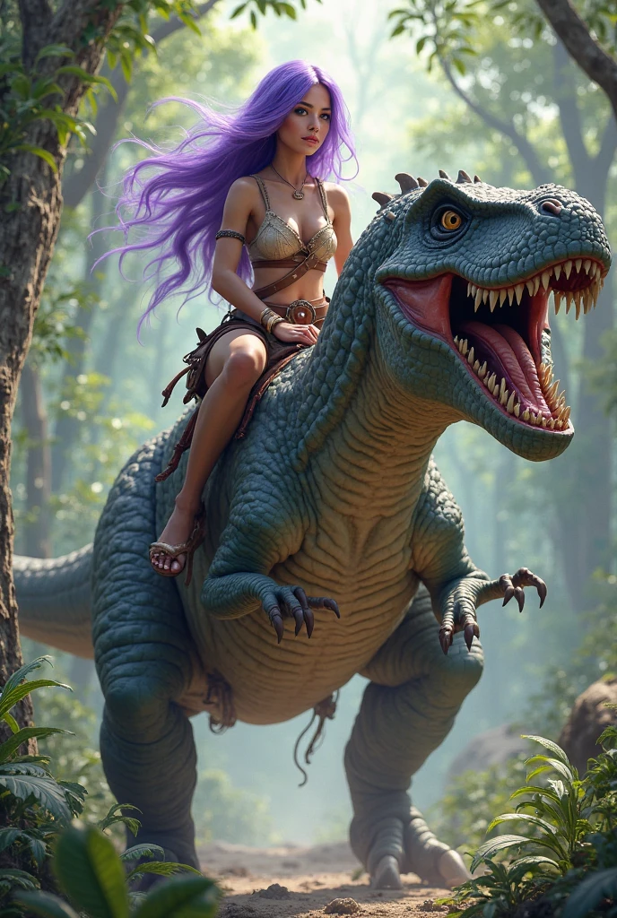 A cave woman (fur bikini) has her pet pink velociraptor on a leash and is taking it for a walk in the park. Many other cave people are there with their dino pets (various colors and types) (safe for work)
