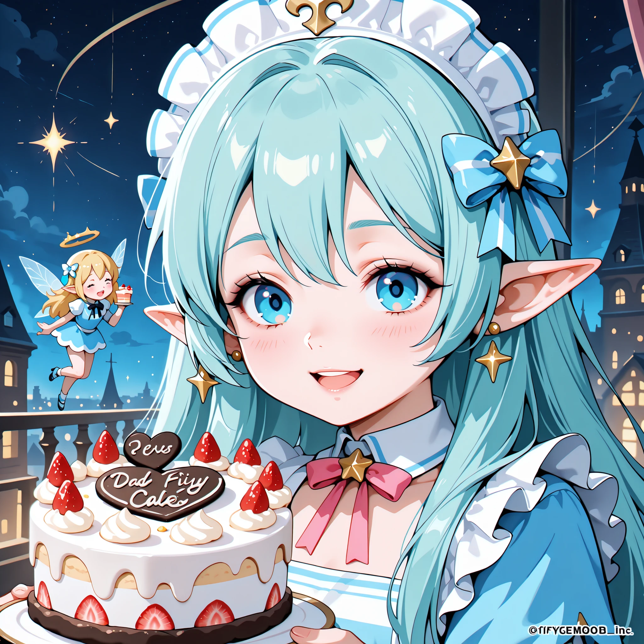 Three Fairies、Cute fairy、Night cake shop、Cake Shop 、Fly around near the finished cake、masterpiece、top quality、