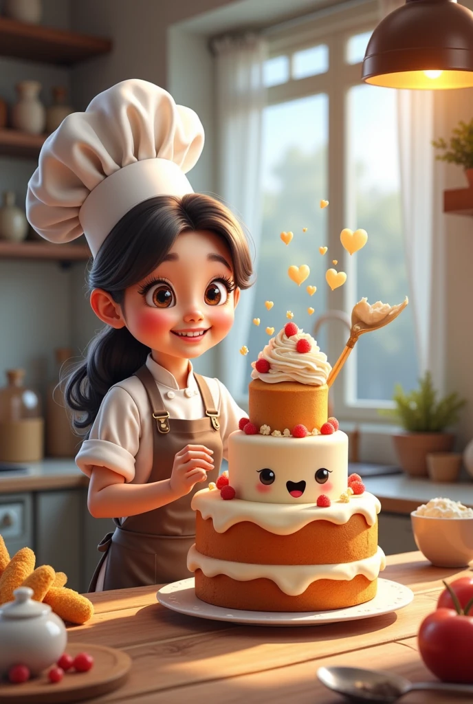 generates the comical image of a young cook who is making a cake, The cake has little legs and eyes. Comic type image