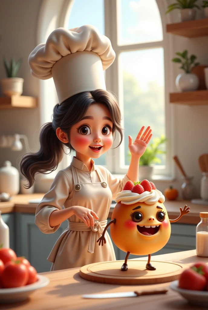 generates the comical image of a young cook who is making a cake, The cake has little legs and eyes. Comic type image