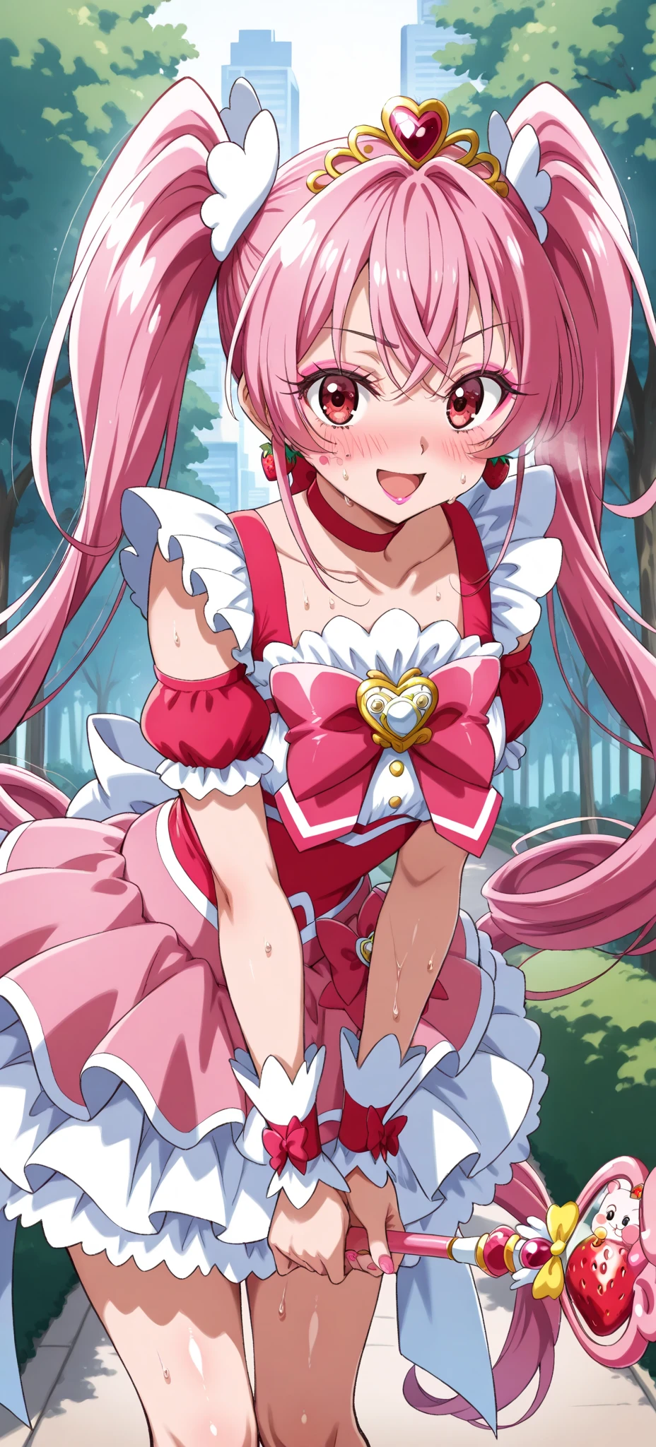Anime girl with pink hair and pink bow holds candy, , splash anime art , Portrait of a magical girl, Anime Barbie in white stockings, holding pudica pose, Lulu's Workshop, Alchemist Girl, , Charming elf princess knight, Sexy maid in the magical forest, high detailed official artwork, very big breasts, realistically, girl