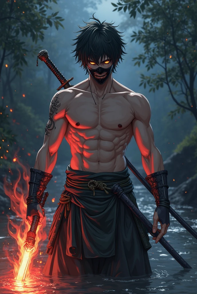 1boy, grey kimono with blood, medium black hair, white eyes, sparkle in eyes, scar on face, ninja sword, dark background, clean design, hyper detailed intricate details, 8k resolution, deviantart masterpiece, heavy strokes, fire magic, anime