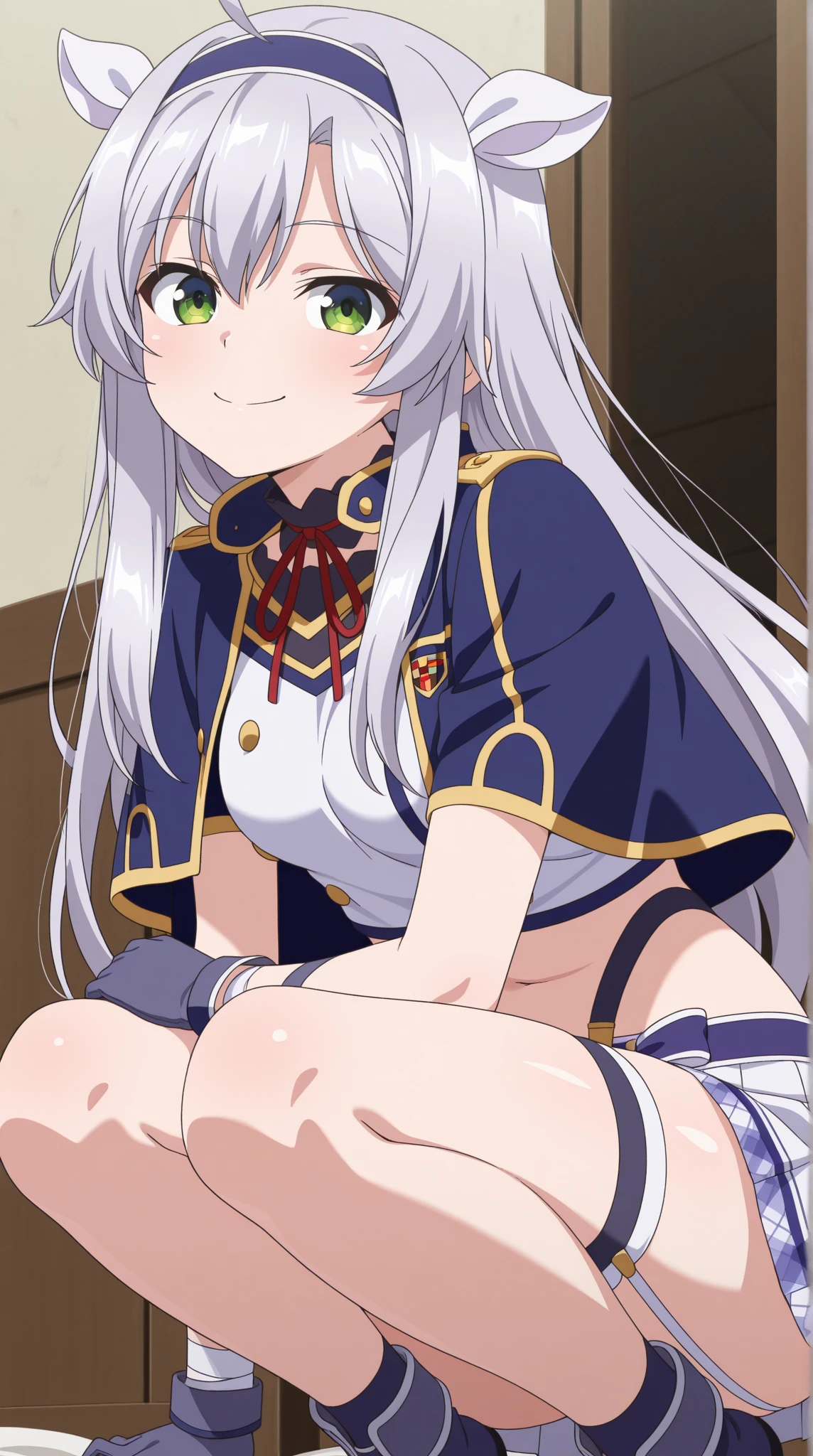 score_9, score_8_superior, score_7_superior, Source Anime, Perfect lighting, so beautiful, Rating Explicit, break, Anime screenshots, Anime Coloring,
One girl, Sistine Primer, Rokudenashi majutsu koushi to akashic record, Green Eyes, Grey Hair, Ahoge, Small breasts, Long Hair, They grow , blue capelet, Blue knee socks, Neck ribbon, choker, Garter Straps, One-Wrist Cuff, One-handed gloves, Uneven gloves, Pleated skirt, Suspender skirt,
Captivating smile, View your viewers, (superiorper body:1.5),
break,