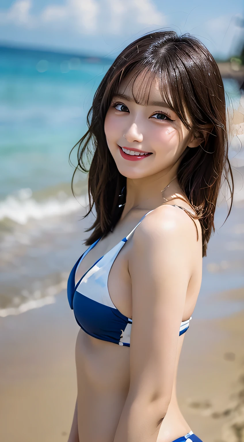 4K(8K),beach,shore,ocean,model pose,Striped-bikini