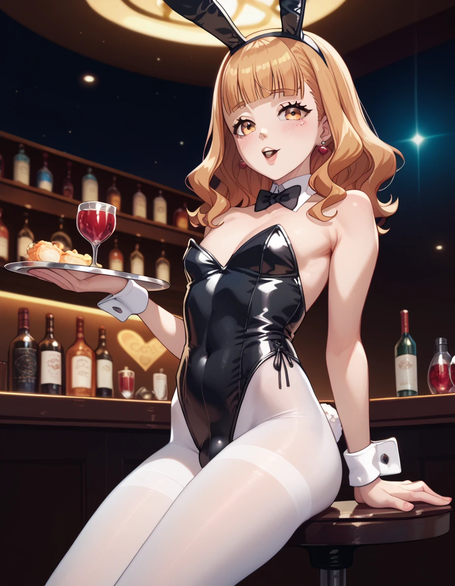 fine motion (umamusume), 1girl, solo, breasts, looking at viewer, blush, brown hair, hair ornament, thighhighs, bow, navel, holding, animal ears, green eyes, tail, yellow eyes, thighs, multicolored hair, small breasts, alternate costume, black thighhighs, indoors, bowtie, black footwear, high heels, leotard, cup, wrist cuffs, strapless, detached collar, highleg, playboy bunny, horse ears, horse girl, black leotard, horse tail, alcohol, drinking glass, tray, folded ponytail, holding tray, clover hair ornament, nontraditional playboy bunny