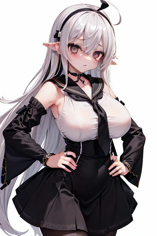 Elf, Silver Hair, In the torture chamber, Lying on a bed and crucified, school uniform, White shirt, skirt, Open your mouth, Raise your hands above your head,  Crying face, Small breasts, Bound with big black handcuffs, Spread your legs
