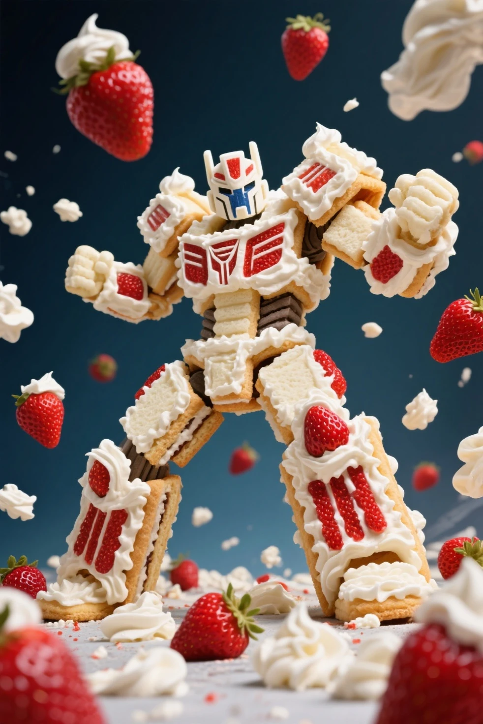 Transformers movie poster made of shortcake with strawberries and whipped cream scattered all around, 周囲にはいちごとホイップクリームが飛び散っている, dynamic angle, dynamic pose