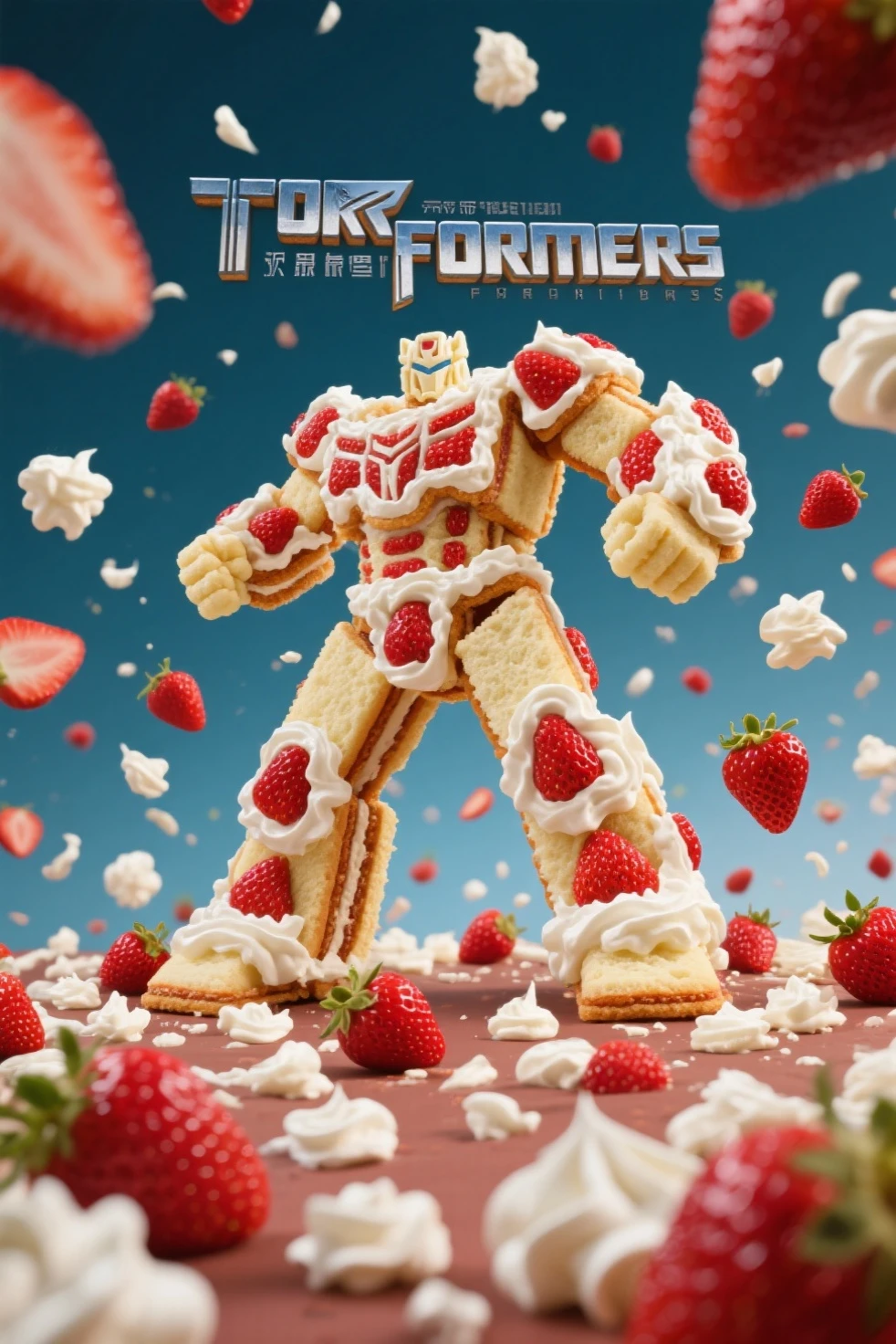 Transformers movie poster made of shortcake with strawberries and whipped cream scattered all around, 周囲にはいちごとホイップクリームが飛び散っている, dynamic angle, dynamic pose