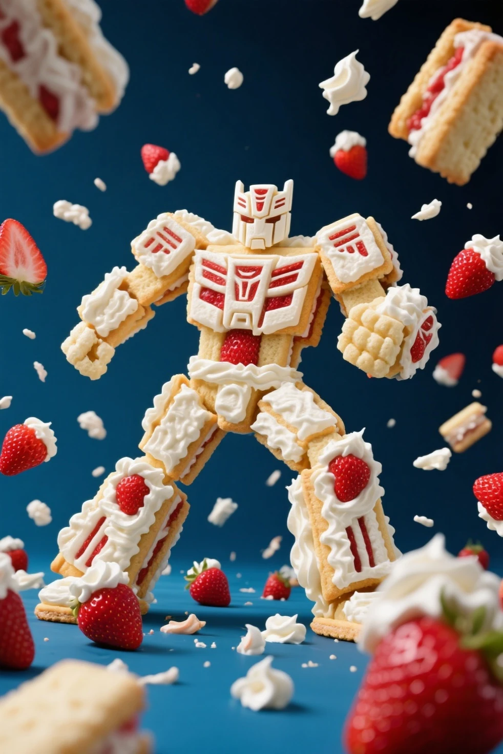 Transformers movie poster made of shortcake with strawberries and whipped cream scattered all around, 周囲にはいちごとホイップクリームが飛び散っている, dynamic angle, dynamic pose
