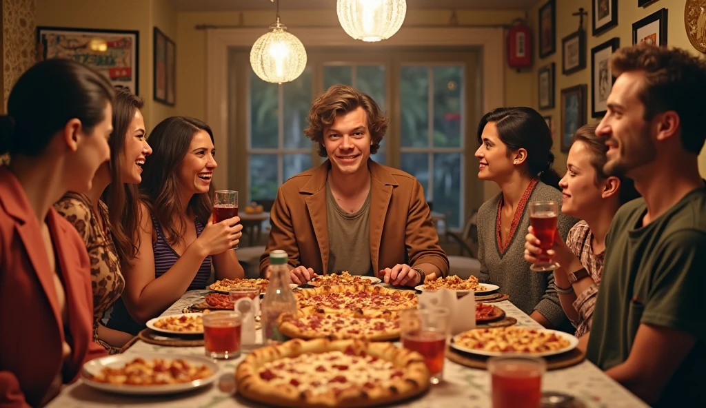 "Arcade games donate 80s themed pizzas, detalhada, cores vibrantes, Retro style, Ambiente divertido, garota sorridente comendo pizza, roupas na cor laranja e preto, Girl wearing cap, Pizzas deliciosas, sem estampa na camiseta, no printing on the lid, ." master part, extremely high quality , highest resolution, 8k, Son holding glass of mate with his bespectacled mother.