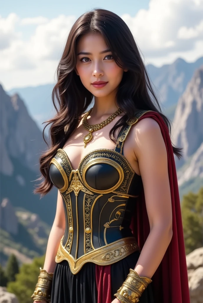 masterpiece, The best quality, Ultra-high resolution, High detail photo, Unity 8K Wallpaper, Extremely detailed CG:1.2), depth of field, bokeh, (RAW photo:1.realistic photography:1.4), (1girl:1.5), young, physically based representation, beautiful, (Finely detailed face:1.4, detailed clothing), (detailed:1.4) named (Eimi Fukada:1.1) BREAK Cara hermosa, depth of field, Add layer, hyperrealistic, 27 years old, perfect body model, perfect breasts, 175cm tall, pose sexy, full body, Whole body, Model Body Type, BREAK (extreme skin details:1.1), skin details, (Valkyrie costume:1.3), double eyelid BREAK smile, seductive pose, standing, standing outside, Santorini house, outdoor, Mediterranean style, (castle:1.3), (close up:0.3), feathers, floating feathers, french braidsNikon Z7 II camera, Fuji Velvia 50 film, 50mm lens, high saturation