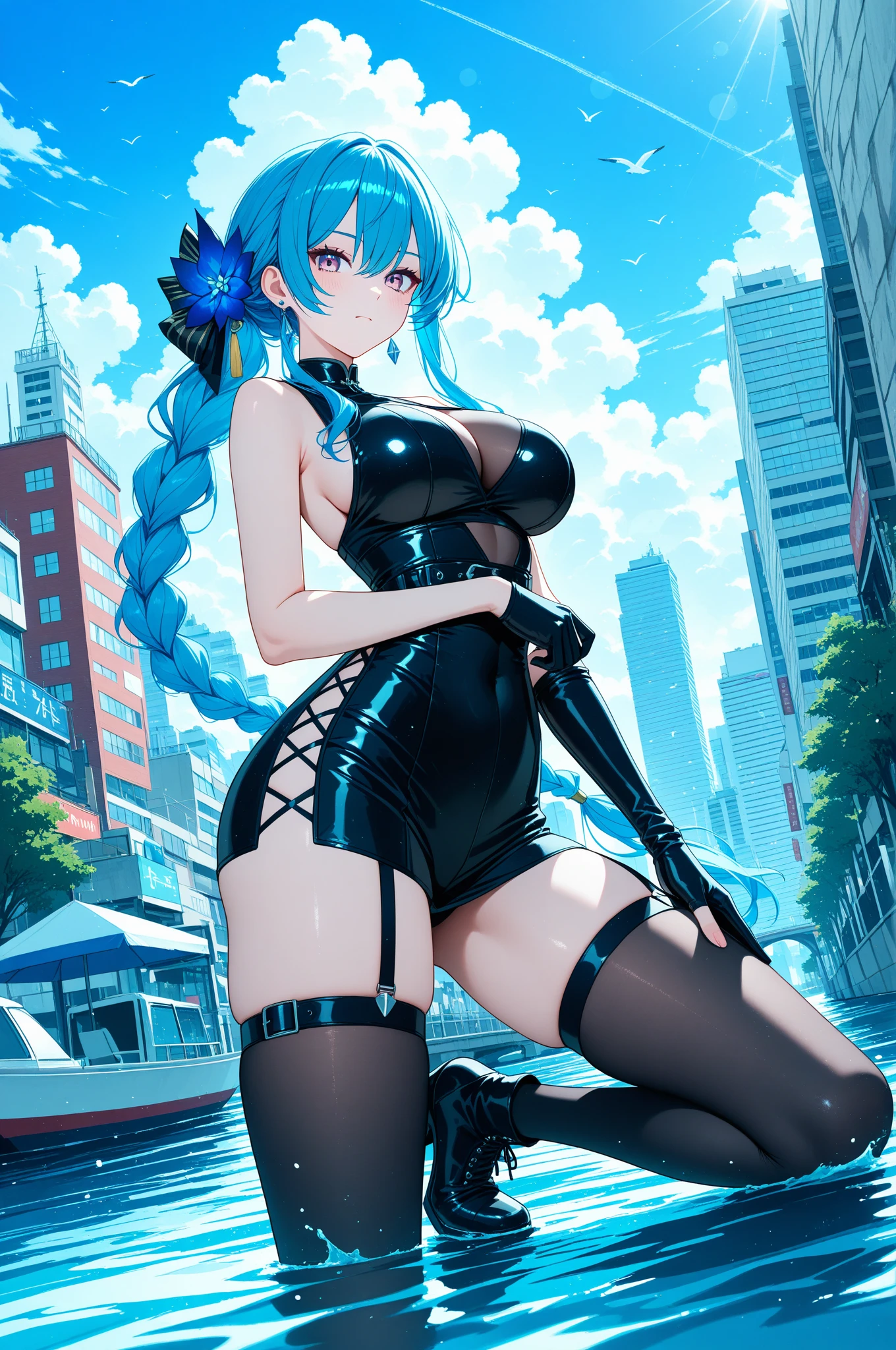 NSFW,masterpiece,Highest quality,High resolution,Very detailed,Sinon\(Sword Art Online\),blush,Hotel town at night,Neon Town