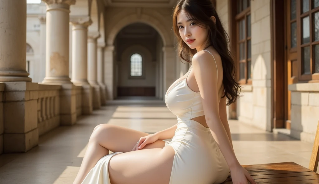 masterpiece, (photogenuineistic: 1.4), highest quality, beautiful lighting, outdoor, Girl Single, alone, jewelry, earrings, long hair, (emeraldgreen eyes, big enchanting eyes:1.2)、big breasts, Scapula, Lips that shine with glitter,smile、 null, sunset,genuine, bangs, golden ratio face、colored stone necklace, (indoor、palace、dinner party、pillars:1.4)、(big breasts:1.5),(Highly detailed wallpapers in CG unity 8k), Complex, high detail, sharp focus, dramatic, beautiful girl, RAW photo, 8K UHD, film grain、white dress shirt, naked shirt,cleavage ,open shirts,large shirts,no panties,bottomless,(Highlight your thighs by sitting on the stairs、shot from below:1.4)