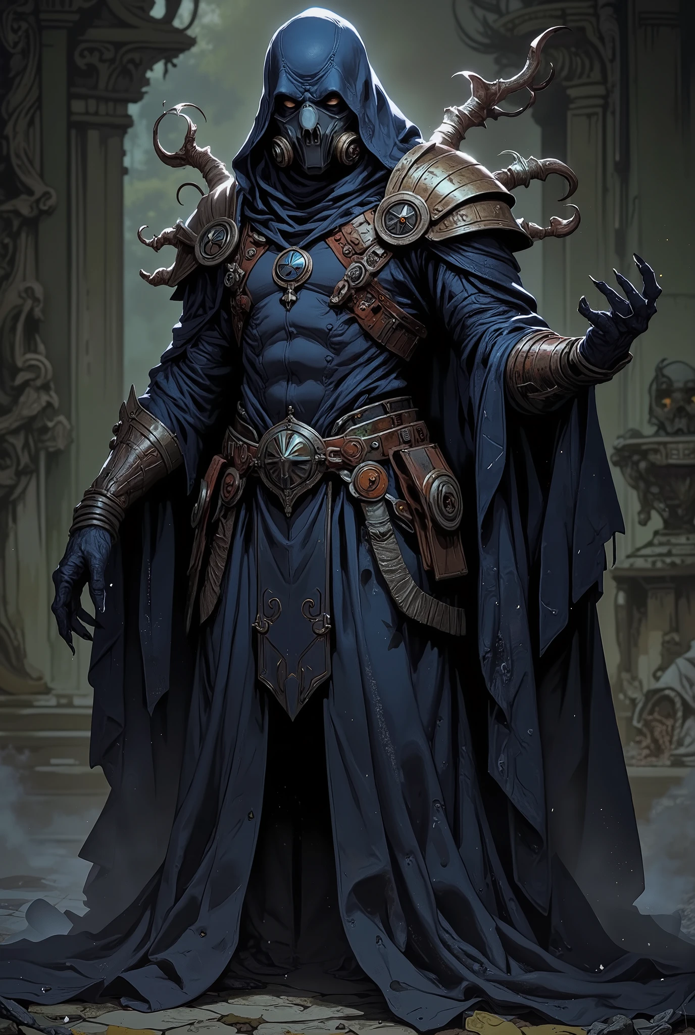 Monster , dynamic pose, ghost clothes, hidden faces ,mask respirator ,covered ghost head , masterpiece,top quality,highest detailed ,world realistic,