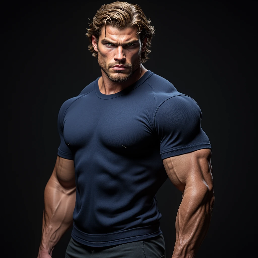 perfecteyes eyes, A very handsome young man, face of chrisevans person, blue t-shirt and jeans, close-up face, big, beautiful eyes, massively muscular, massively large muscles, massively large arms, massively large biceps, on a black background, close up