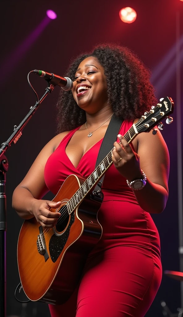 Make a picture of a black woman, chubby, long curly black hair, dark shaped eyes, playing guitar and singing at a concert, with led screen at the back ,she is wearing a long pink dress